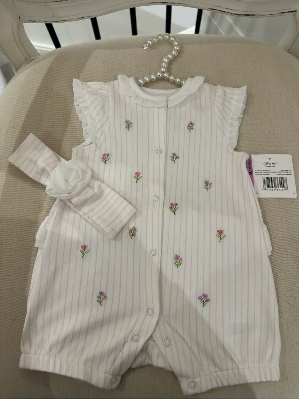 🦢 9 Mth 100% Cotton Pink Pinstripe Embroidered Floral Baby Romper with Headband